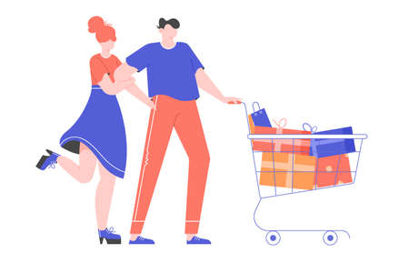 Buying presents. Young couple in a mall with a shopping basket full of gift boxes and packages. Vector flat illustration.のイラスト素材