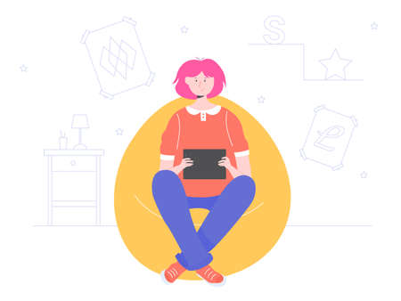 Teen girl sitting with a tablet in her roomのイラスト素材