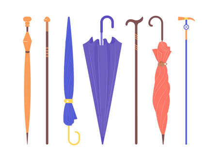 Row of closed umbrellas and walking sticks.のイラスト素材