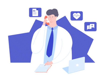 Male doctor answers the phone. Online consultation. Work in the clinic. On the desktop is a laptop and paper, around medical icons. Vector illustration for landing pages and printed materials.のイラスト素材