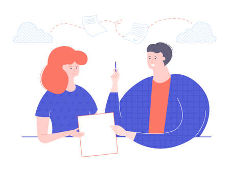Couple of colleagues at the desk. Contract signing, cloud computing, document sharing, investment and finance. Vector business illustration.のイラスト素材