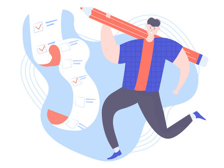 Joyful character is a man in a jump next to a long to-do list. He holds a giant pencil in his hands. Day planning, time management, project management. Vector illustration.のイラスト素材
