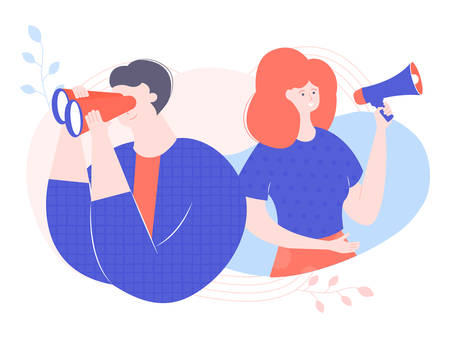 Man looks through binoculars. Woman speaks into a loudspeaker. Employee search, recruitment, teamwork, brainstorm. Vector illustration for web pages and printed materials.のイラスト素材