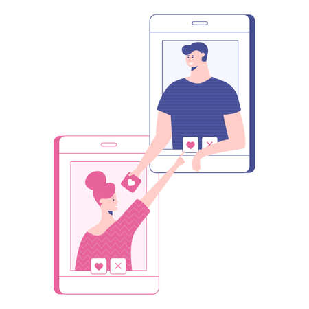 Vector illustration of online dating. Quick search for a partner, love for life, likes and ratings. Man and woman like each other, online meeting. Concept mobile version of the service.のイラスト素材
