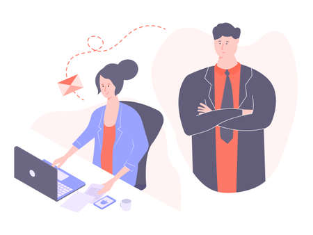 Chief and subordinate. Employee works on a computer at the office desk. The boss stands by and controls the process. Vector illustration.のイラスト素材