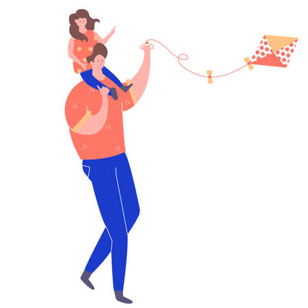 Father and daughter in the park playing with a kite. Family weekend. Vector characters isolated on white background.のイラスト素材