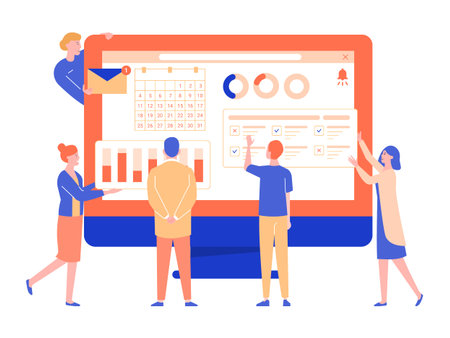 Team of professionals working on a project. On the big screen diagrams, statistics, data, calendar,...