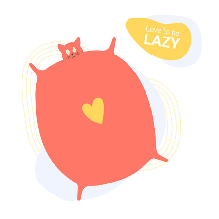 Fat cute cat character flies. He have a yellow heart on the belly. Love to be lazy. Colorful vector illustration.のイラスト素材