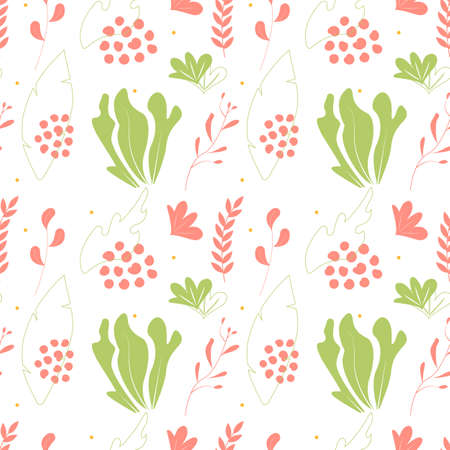 Seamless pattern with foliage, flowers and spotsのイラスト素材