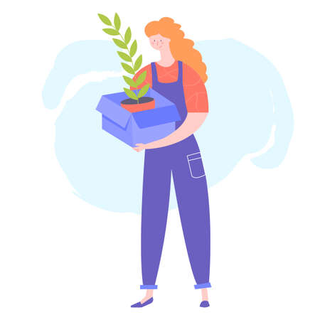 Redhead woman character with flower in box.のイラスト素材