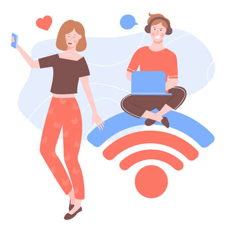 Two teenagers use modern technology.のイラスト素材