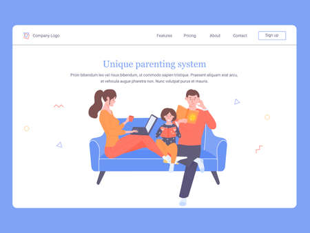 Concept landing page template. Family service on the Internet and on mobile phones. Bright trend vector illustration.のイラスト素材