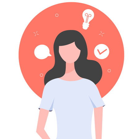 The young woman is planning a day. Around the message icon, ideas, done.のイラスト素材