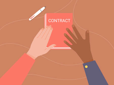 Two hands are holding paper. Conclusion of the contract, business partners. Vector illustration on brown wood background.のイラスト素材