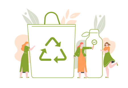 Eco-friendly packaging and bags. Zero waste life in eco style. Colorful vector flat characters with giant objects bag shopper and a thermo bottle.のイラスト素材