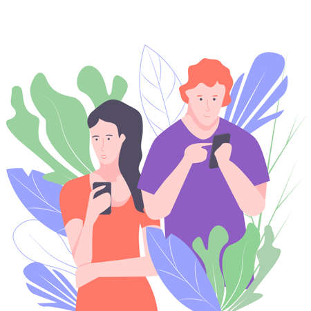 A guy and a girl with phones in bright bushes.のイラスト素材