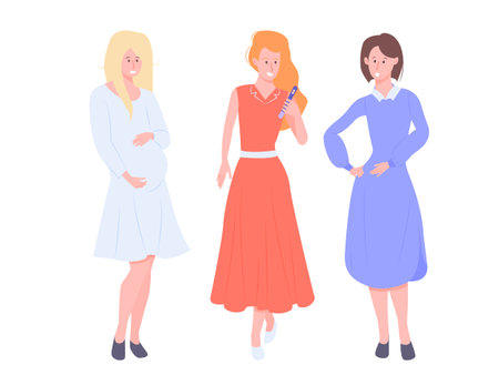 Group of girls friends. Three ladies. Pregnant, with a baby and preparing to become a mother. Positive pregnancy test. Community moms, mutual aid and support. Characters on a gentle blue background.のイラスト素材