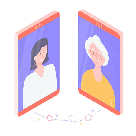 Mom and daughter communicate via video on the phones. Young girl and nice old lady. They live far away and talk on the phone.のイラスト素材