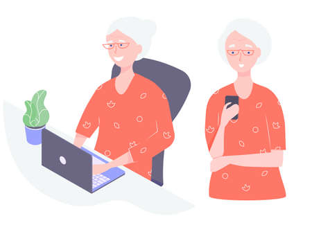 Pretty old lady. Grandma remains modern and uses online technology. Sits at table with laptop. Near the flower. Stands with a mobile phone in hand. Online communication, internet surfing, sms.のイラスト素材
