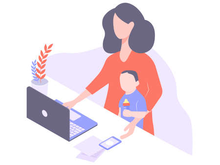 Cute young mom freelancer works at home at the computer. Thinks of work and home affairs. On the knee is a child with a bottle of milk. Independent woman. Illustration isolated on white background.のイラスト素材