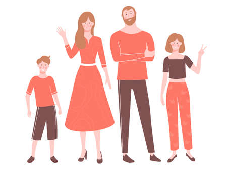 Family characters. Mom, dad, little son and teenager daughter. Stand in line, waving and smiling. Bright vector illustration isolated on white background.のイラスト素材