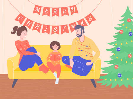 Mom, dad and daughter are sitting on the couch. Nearby is a decorated Christmas tree. The atmosphere of a family holiday, ugly sweaters, Merry Christmas.のイラスト素材