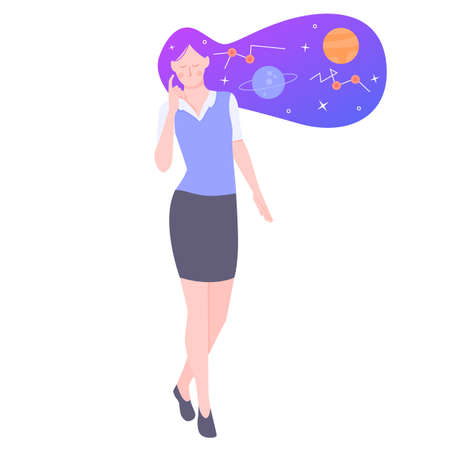 Young girl character. Astronomer. Starry sky in the hair. Conceptual illustration.のイラスト素材