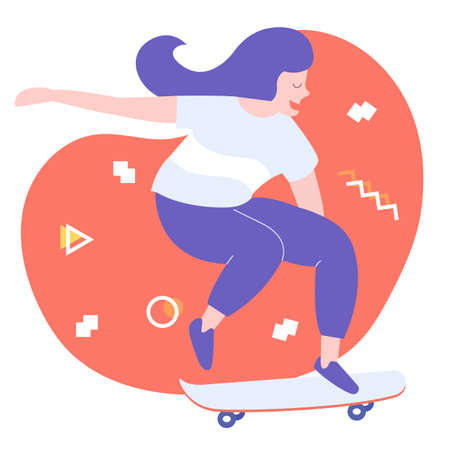 The girl is racing on a skateboard. Hanging in the air, doing a trick, enjoying life. Bright vector illustration.のイラスト素材