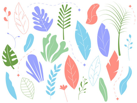 Set of elements for your design or illustrations. Summer motives. Leaves, ferns, twigs. Modern stylish colors.のイラスト素材
