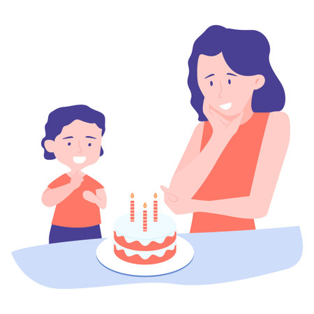Mother and son celebrate birthday. The boy is going to blow out the candles and make a wish, the...