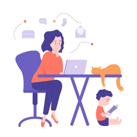 Cute young mom freelancer works at home at the computer. Thinks of work and home affairs. Under the table, a child reads a book. On the table lies a cute cat. Illustration isolated on white backgroundのイラスト素材