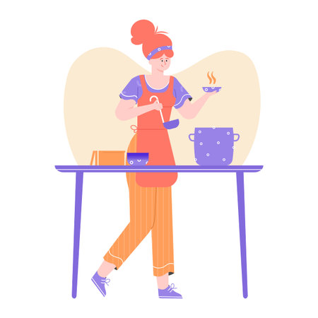 Female chef character. Cooking at home, in a restaurant or at a culinary course. A girl with a cook is standing near the pan. Vector flat illustration.のイラスト素材