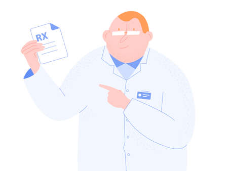 Cute character doctor man. In the hands of holding a prescription for medicine. Medical illustration. Vector isolated on white background.のイラスト素材