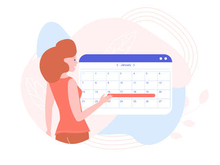 The girl is planning a month in the calendar. Vector illustration on pastel background.のイラスト素材