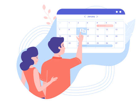 Young couple on a consultation with a doctor. Online calendar, health care, pregnancy planning. Vector illustration on a medical theme.のイラスト素材