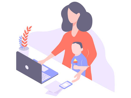 Cute young mom freelancer works at homeのイラスト素材
