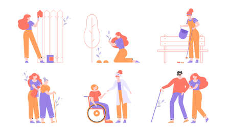 Caring for the environment and people. Volunteering and kindness. Girl character in different life situations. Painting the fence, reforestation, cleaning the streets, helping the elderly and disabledのイラスト素材