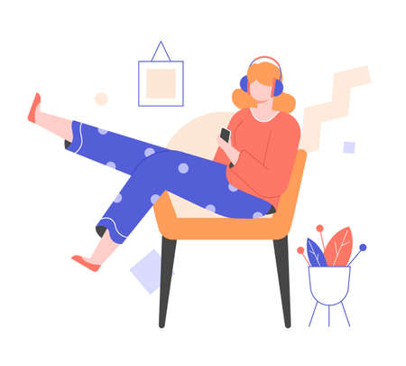 A young girl in headphones sits in a chair.のイラスト素材