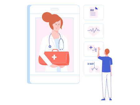 Pretty woman physician with doctors briefcase on the screen of a smartphone. Male patient selects the service. Online health consultation, medical mobile app. Vector illustration.のイラスト素材