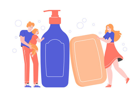 Family next to soap and dispenser.