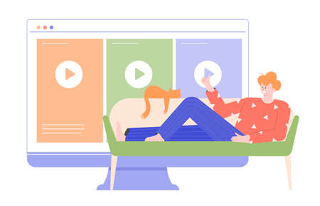 Man is lying on the couch and watching moviesのイラスト素材