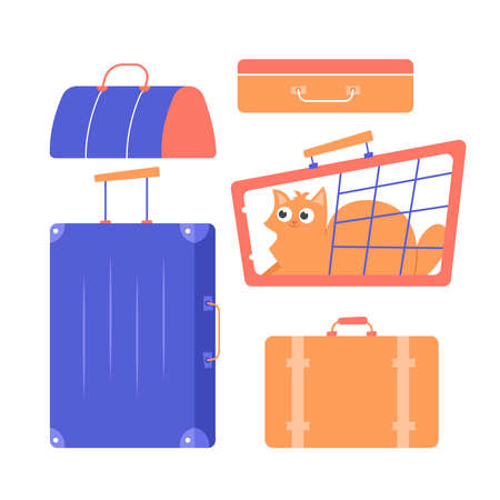 Suitcases, bags, carrying with a cat. Travel and relocation. Vector flat set isolated on white background.のイラスト素材
