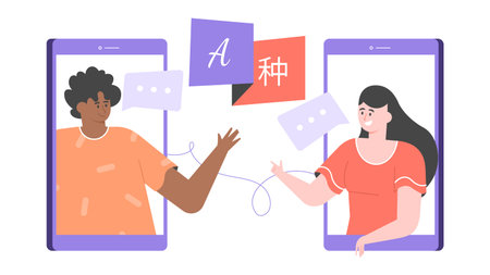 Language exchange, school courses, communication with foreigners. Intercultural characters. Vector...