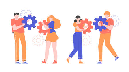 Two young couples are holding gears. Building relationships, psychological assistance to families, brainstorming and ideas. Vector flat illustration.のイラスト素材