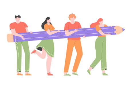 Group of people carries a giant pencil.のイラスト素材