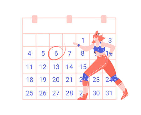Girl runner athlete in sportswear next to the calendar. Preparing for the marathon, achieving goals on time. Vector flat illustration.のイラスト素材