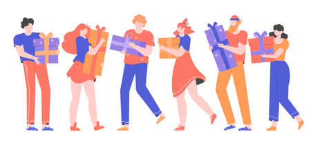 Group of young people is standing with gifts boxesのイラスト素材