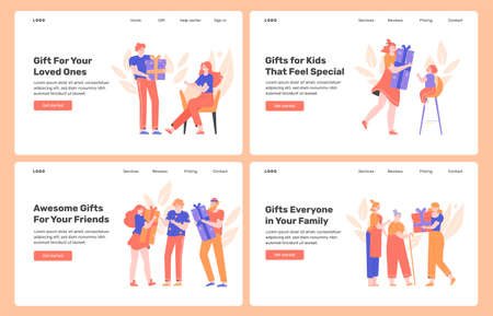 Gifts for loved ones, family, friends, relatives. People make surprises, celebrate holidays, have parties. Design concept for landing pages. Vector flat illustration with characters.のイラスト素材