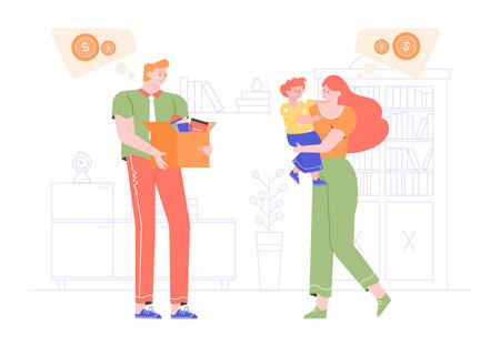 The man lost his job due to the global economic crisis. Reductions and layoffs. Sad family without money. Social and financial problems. Vector flat illustration.のイラスト素材