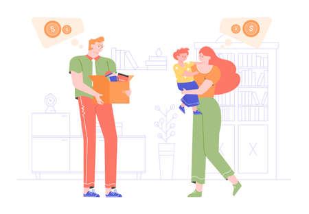 The man lost his job due to the global economic crisis. Reductions and layoffs. Sad family without money. Social and financial problems. Vector flat illustration.のイラスト素材